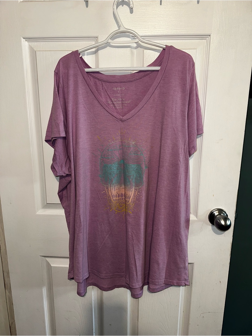 Torrid Relaxed V-Neck Women’s Top in Dusty Purple with Skull Graphic